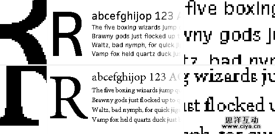 Above: GDI rendering of FacitWeb (above) and Minion Pro (below) with no antialiasing.