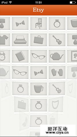 Etsy：启动界面从下到上再由内到外呈现出一张图片，视觉冲击力很好；