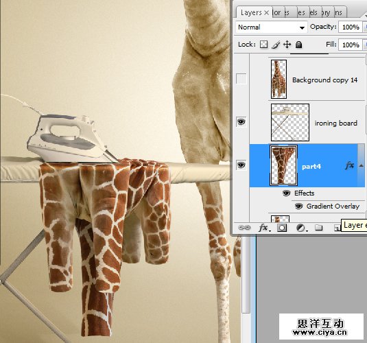 酷炫PS教程！教你用PS合成长颈鹿熨烫衣服的趣味海报